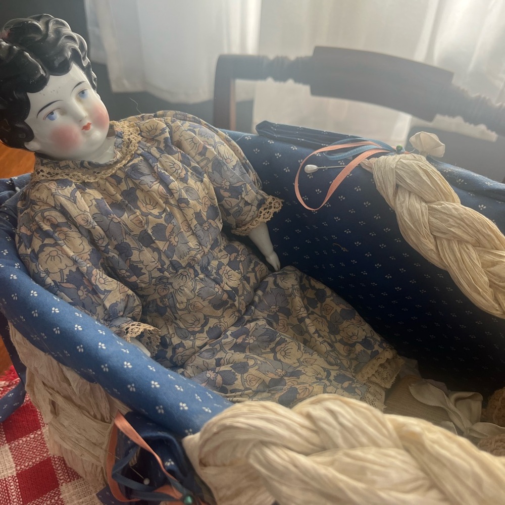 Vintage 18th century German China doll full body and basket